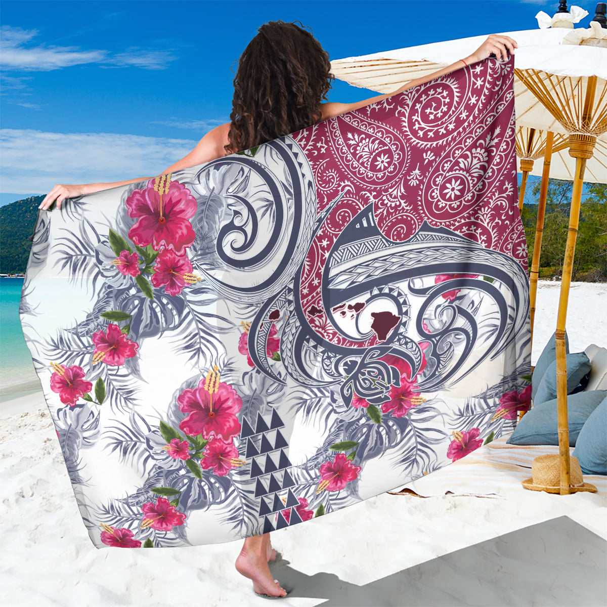 Hawaii Kakau Mix Paisley Pattern Sarong Polynesian Tropical Unique Style LT01 One Size 44 x 66 inches White - Polynesian Pride