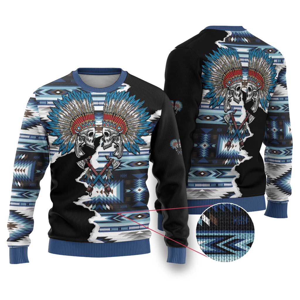 Native American Chief Skull With Axe Ugly Christmas Sweater - Polynesian Pride