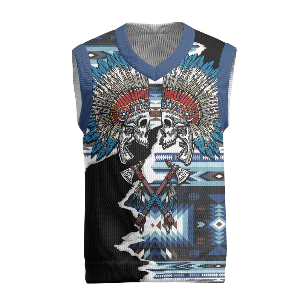 Native American Chief Skull With Axe Christmas Knitted V-Neck Vest LT01 Black - Polynesian Pride