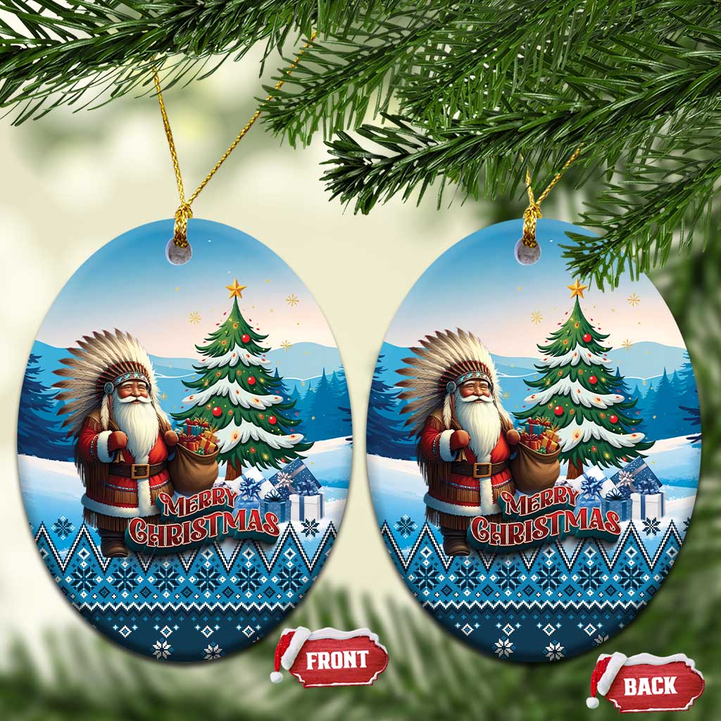 Native American Santa Claus Ceramic Ornament Merry Christmas 2025 LT01 Oval Blue - Polynesian Pride