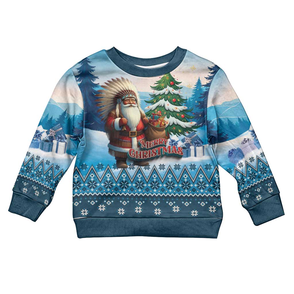 Personalized Native American Santa Claus Kid Ugly Christmas Sweater Merry Christmas 2025 LT01 Kid Blue - Polynesian Pride