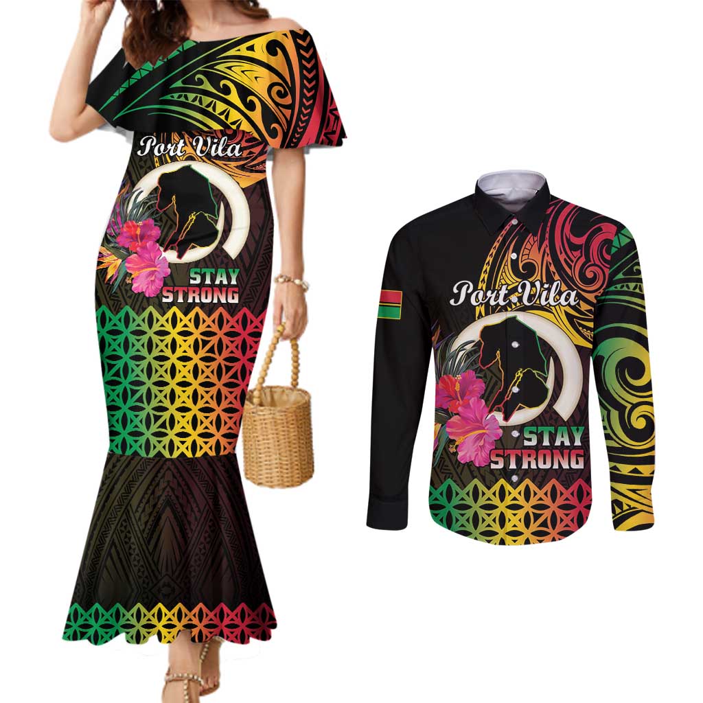 Personalised Vanuatu Port Vila Stay Strong Couples Matching Mermaid Dress and Long Sleeve Button Shirt Long God Yumi Stanap LT01 Black - Polynesian Pride