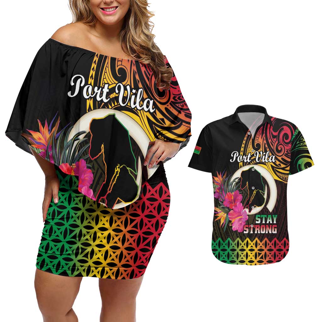 Personalised Vanuatu Port Vila Stay Strong Couples Matching Off Shoulder Short Dress and Hawaiian Shirt Long God Yumi Stanap LT01 Black - Polynesian Pride