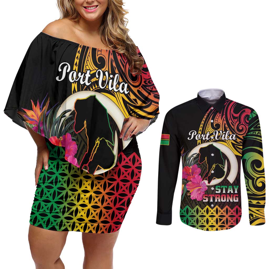 Personalised Vanuatu Port Vila Stay Strong Couples Matching Off Shoulder Short Dress and Long Sleeve Button Shirt Long God Yumi Stanap LT01 Black - Polynesian Pride