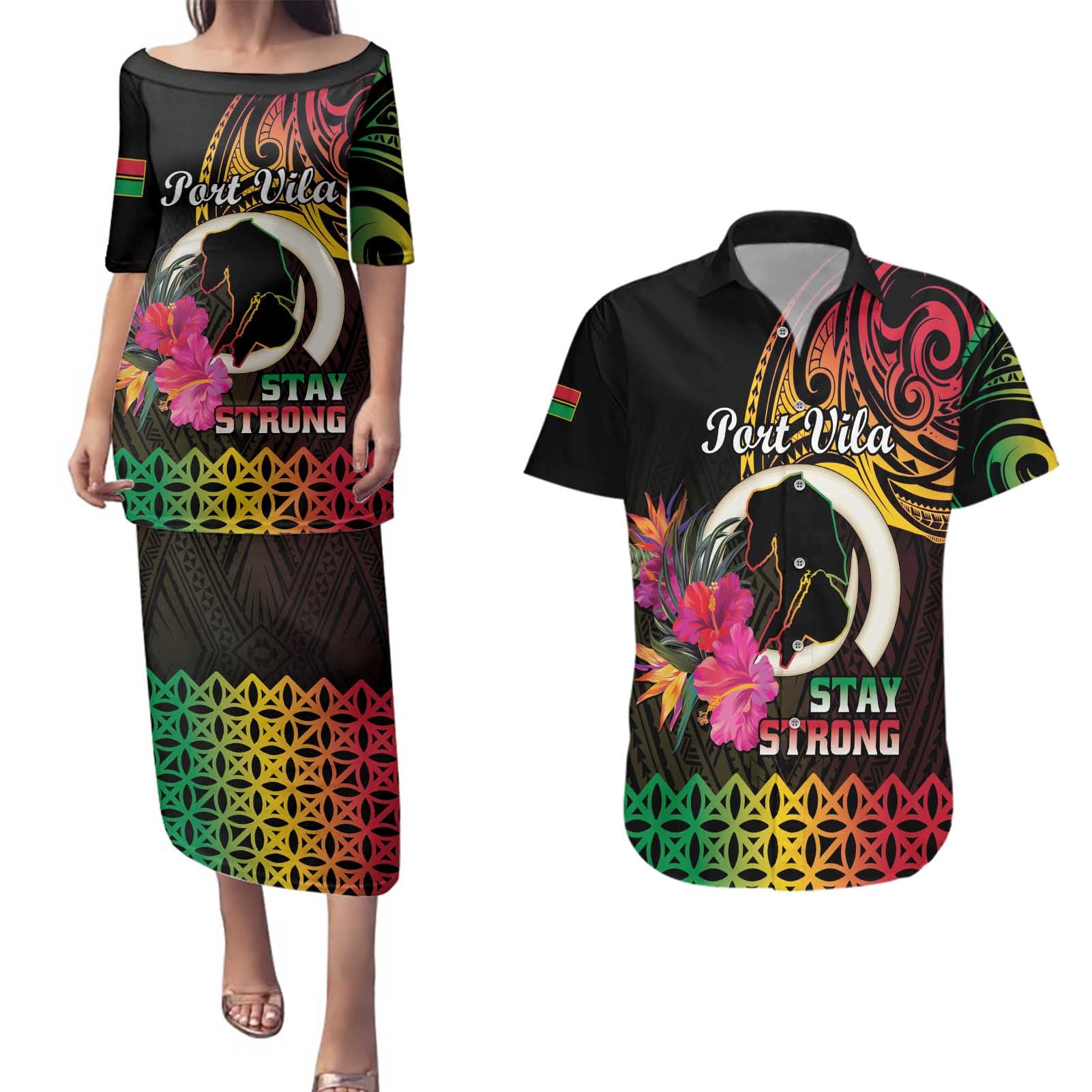 Personalised Vanuatu Port Vila Stay Strong Couples Matching Puletasi and Hawaiian Shirt Long God Yumi Stanap