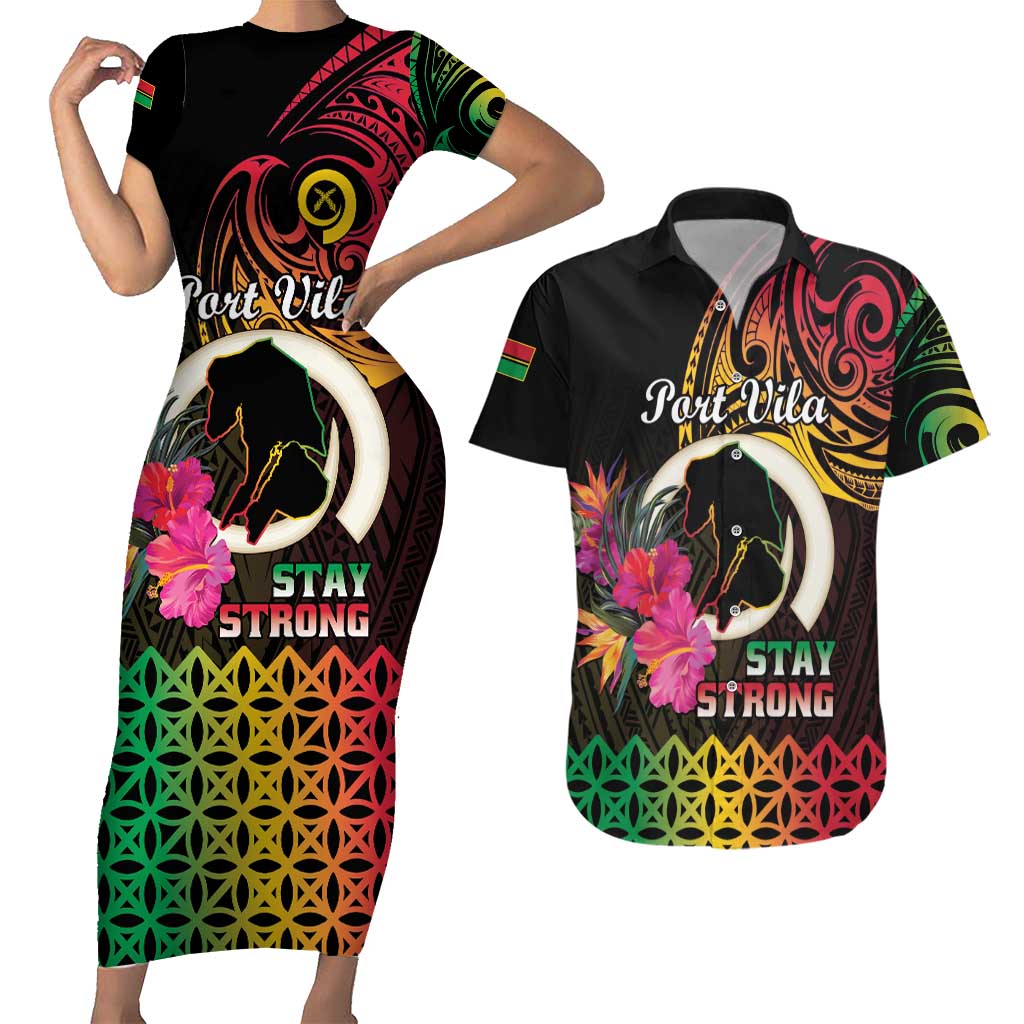 Personalised Vanuatu Port Vila Stay Strong Couples Matching Short Sleeve Bodycon Dress and Hawaiian Shirt Long God Yumi Stanap LT01 Black - Polynesian Pride