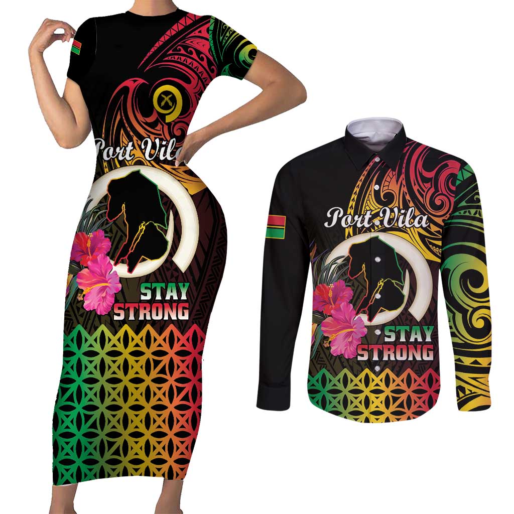 Personalised Vanuatu Port Vila Stay Strong Couples Matching Short Sleeve Bodycon Dress and Long Sleeve Button Shirt Long God Yumi Stanap LT01 Black - Polynesian Pride