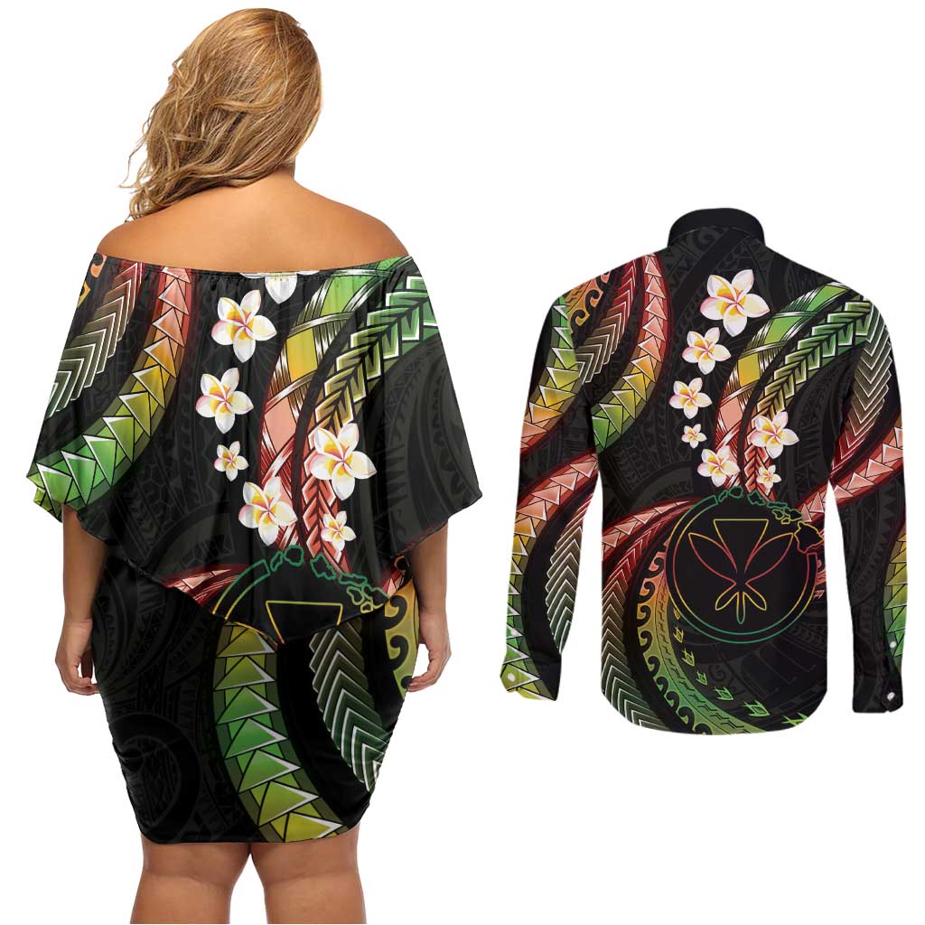 Hawaii Map Kanaka Maoli Couples Matching Off Shoulder Short Dress and Long Sleeve Button Shirt Fantastic Frangipani Reggae