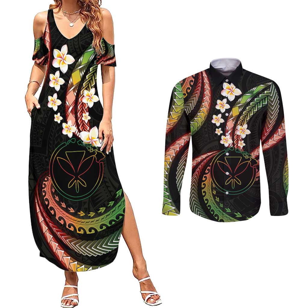 Hawaii Map Kanaka Maoli Couples Matching Summer Maxi Dress and Long Sleeve Button Shirt Fantastic Frangipani Reggae