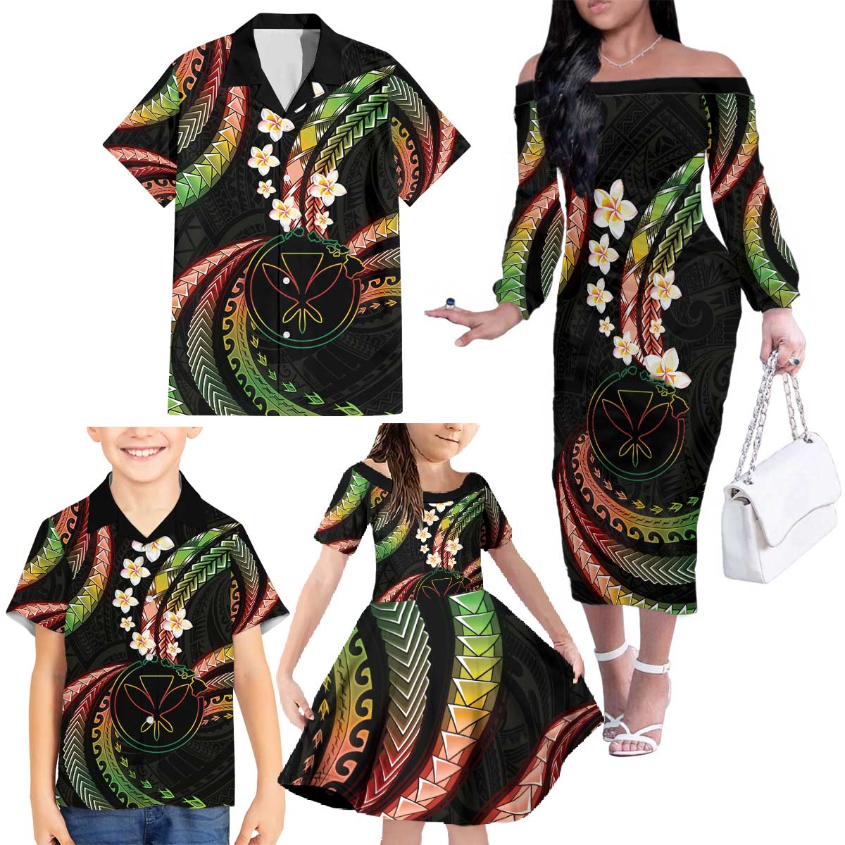 Hawaii Map Kanaka Maoli Family Matching Off The Shoulder Long Sleeve Dress and Hawaiian Shirt Fantastic Frangipani Reggae