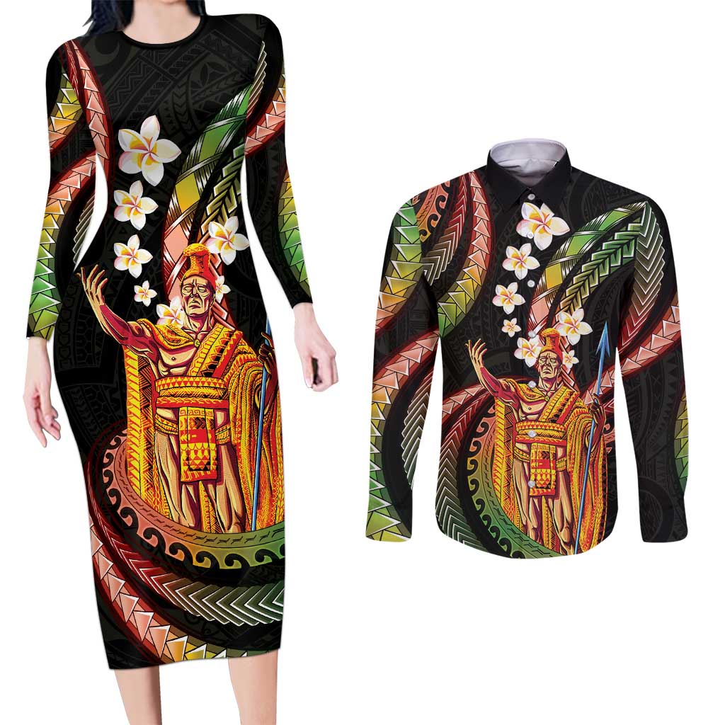 Hawaii King Kamehameha Couples Matching Long Sleeve Bodycon Dress and Long Sleeve Button Shirt Fantastic Plumeria Reggae