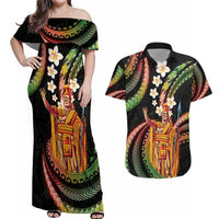 Hawaii King Kamehameha Couples Matching Off Shoulder Maxi Dress and Hawaiian Shirt Fantastic Plumeria Reggae