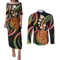 Hawaii King Kamehameha Couples Matching Puletasi and Long Sleeve Button Shirt Fantastic Plumeria Reggae