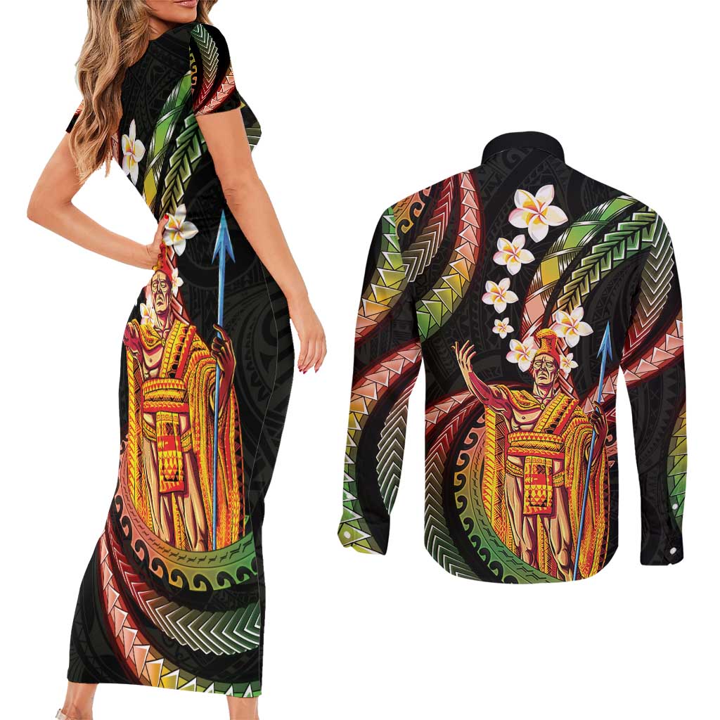 Hawaii King Kamehameha Couples Matching Short Sleeve Bodycon Dress and Long Sleeve Button Shirt Fantastic Plumeria Reggae