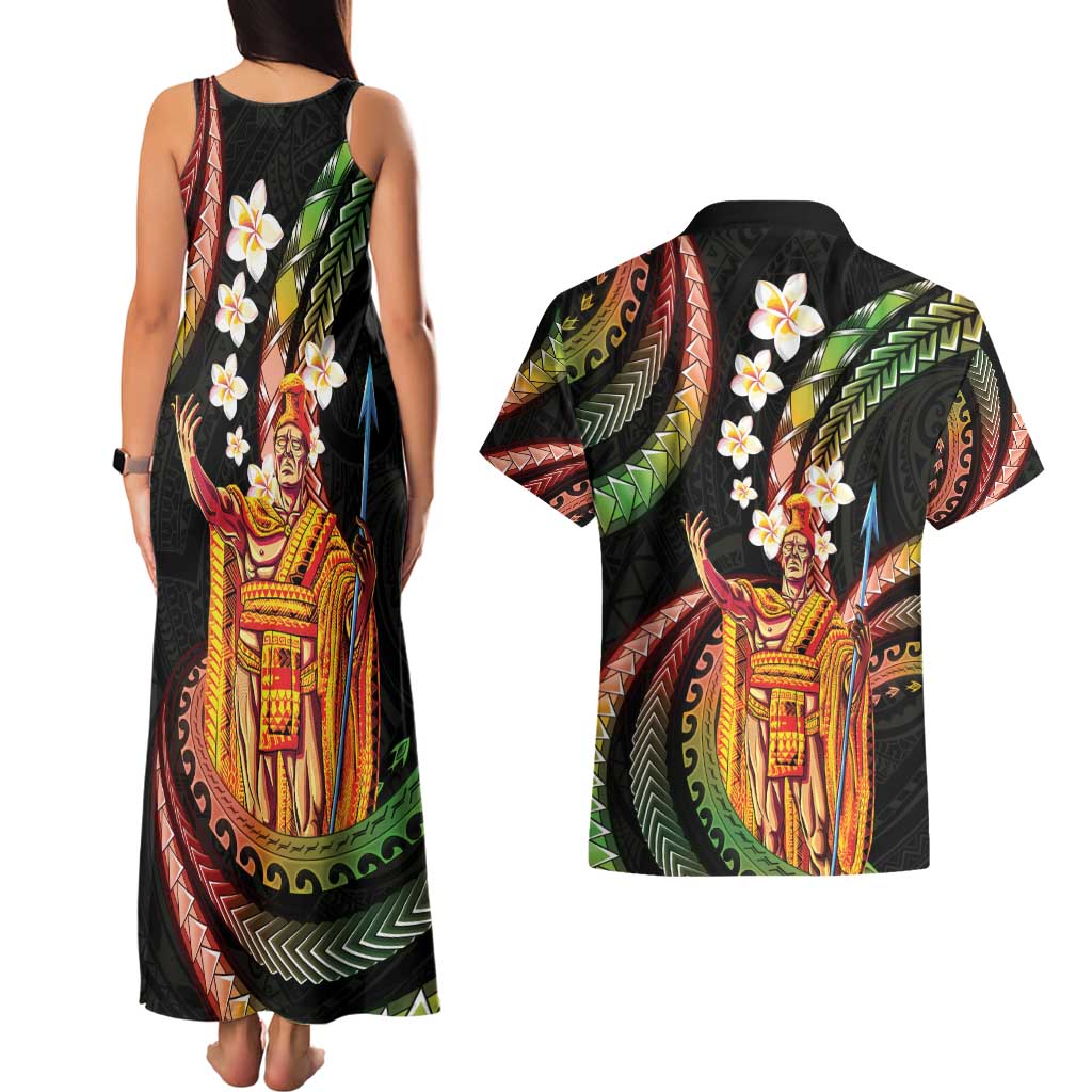 Hawaii King Kamehameha Couples Matching Tank Maxi Dress and Hawaiian Shirt Fantastic Plumeria Reggae