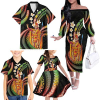 Hawaii King Kamehameha Family Matching Off The Shoulder Long Sleeve Dress and Hawaiian Shirt Fantastic Plumeria Reggae
