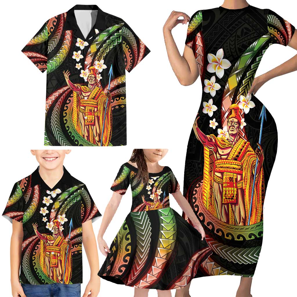 Hawaii King Kamehameha Family Matching Short Sleeve Bodycon Dress and Hawaiian Shirt Fantastic Plumeria Reggae