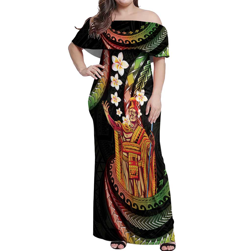 Hawaii King Kamehameha Off Shoulder Maxi Dress Fantastic Plumeria Reggae