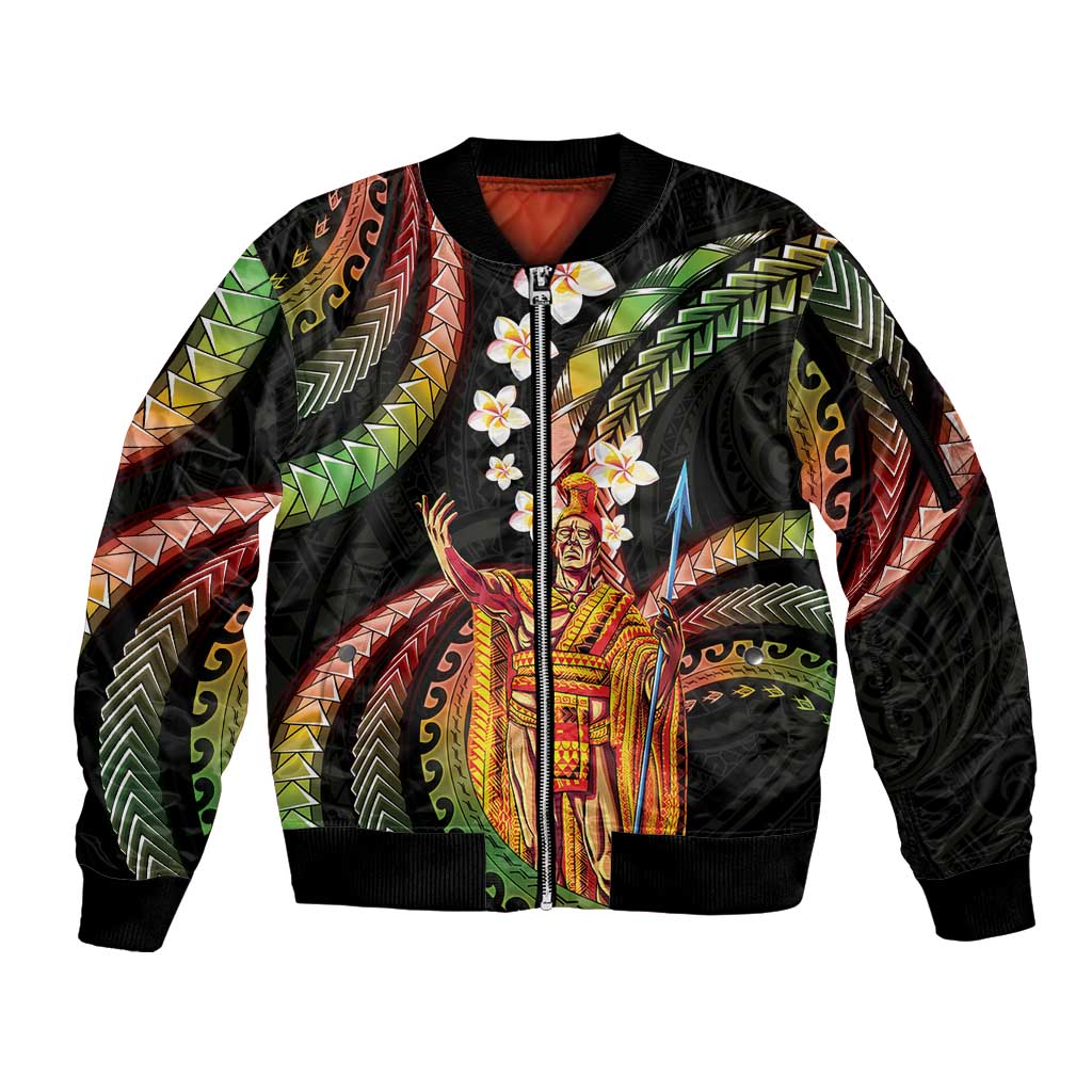 Hawaii King Kamehameha Sleeve Zip Bomber Jacket Fantastic Plumeria Reggae