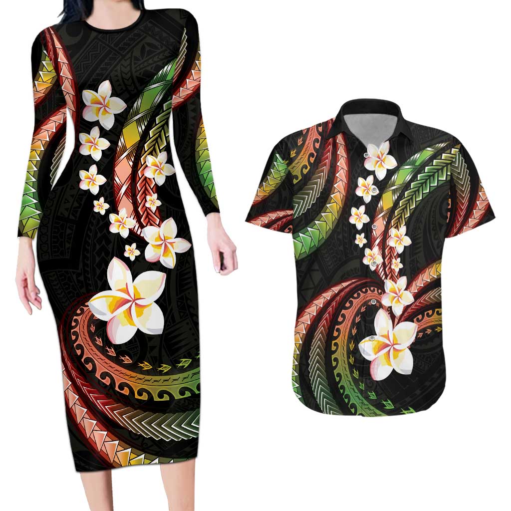 Hawaii Plumeria Reggae Couples Matching Long Sleeve Bodycon Dress and Hawaiian Shirt Polynesian Pattern LT01 Reggae - Polynesian Pride