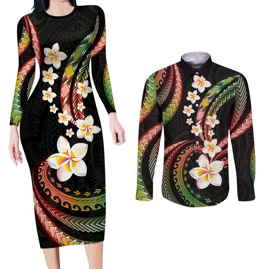 Hawaii Plumeria Reggae Couples Matching Long Sleeve Bodycon Dress and Long Sleeve Button Shirt Polynesian Pattern LT01 Reggae - Polynesian Pride