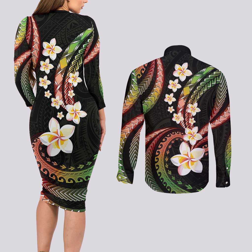 Hawaii Plumeria Reggae Couples Matching Long Sleeve Bodycon Dress and Long Sleeve Button Shirt Polynesian Pattern LT01 - Polynesian Pride