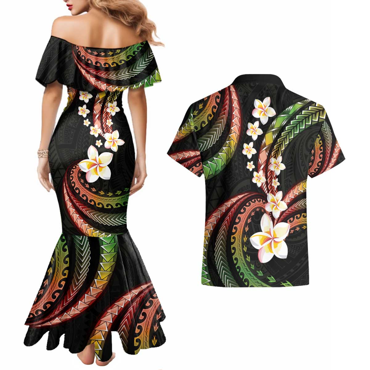 Hawaii Plumeria Reggae Couples Matching Mermaid Dress and Hawaiian Shirt Polynesian Pattern LT01 - Polynesian Pride