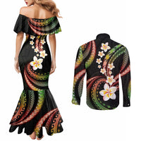 Hawaii Plumeria Reggae Couples Matching Mermaid Dress and Long Sleeve Button Shirt Polynesian Pattern LT01 - Polynesian Pride