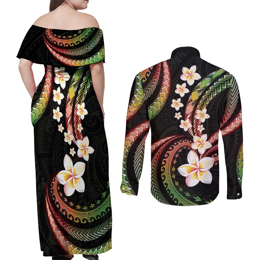 Hawaii Plumeria Reggae Couples Matching Off Shoulder Maxi Dress and Long Sleeve Button Shirt Polynesian Pattern LT01 - Polynesian Pride