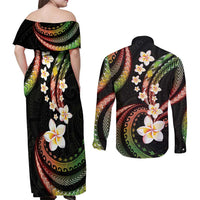 Hawaii Plumeria Reggae Couples Matching Off Shoulder Maxi Dress and Long Sleeve Button Shirt Polynesian Pattern LT01 - Polynesian Pride