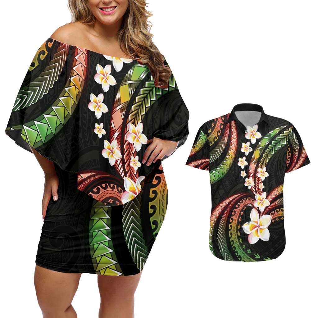 Hawaii Plumeria Reggae Couples Matching Off Shoulder Short Dress and Hawaiian Shirt Polynesian Pattern LT01 Reggae - Polynesian Pride