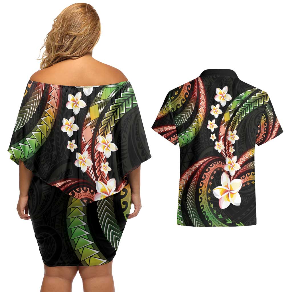 Hawaii Plumeria Reggae Couples Matching Off Shoulder Short Dress and Hawaiian Shirt Polynesian Pattern LT01 - Polynesian Pride