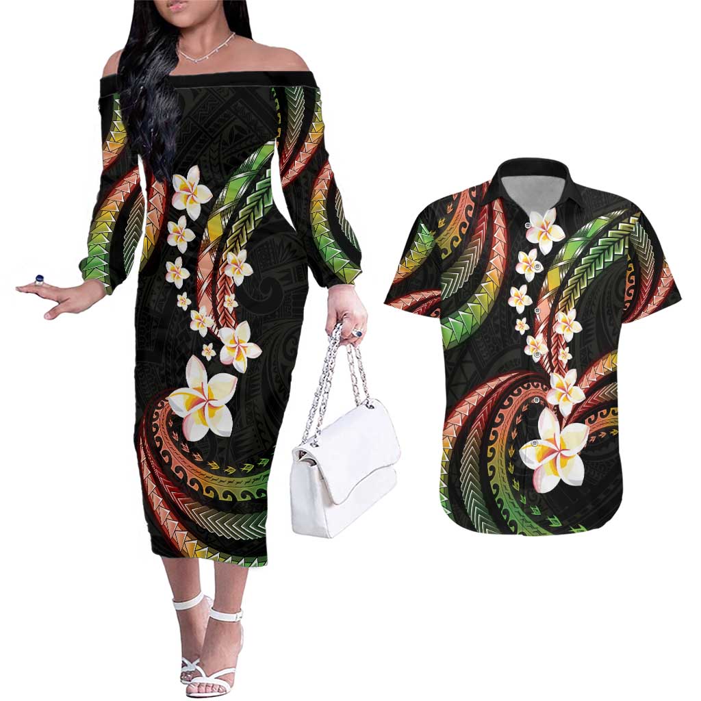 Hawaii Plumeria Reggae Couples Matching Off The Shoulder Long Sleeve Dress and Hawaiian Shirt Polynesian Pattern LT01 Reggae - Polynesian Pride