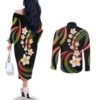 Hawaii Plumeria Reggae Couples Matching Off The Shoulder Long Sleeve Dress and Long Sleeve Button Shirt Polynesian Pattern LT01 - Polynesian Pride