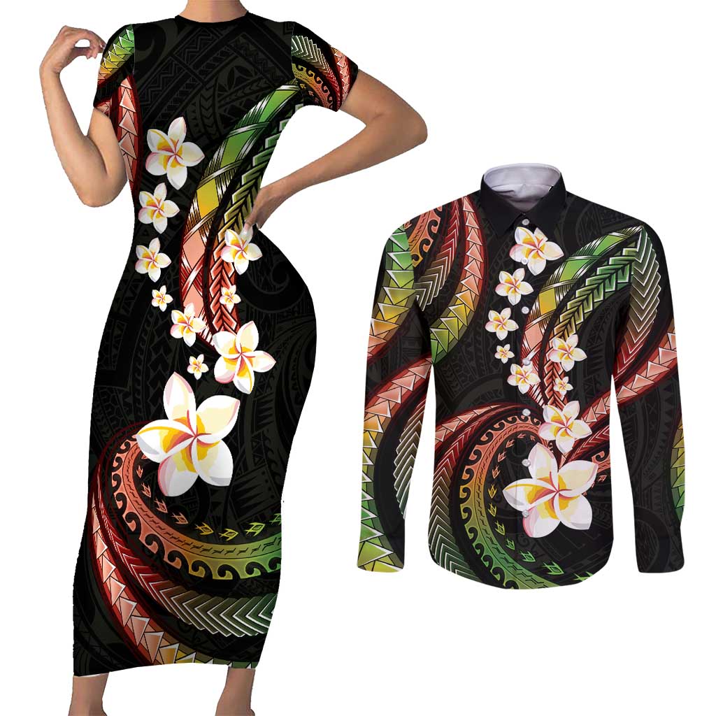 Hawaii Plumeria Reggae Couples Matching Short Sleeve Bodycon Dress and Long Sleeve Button Shirt Polynesian Pattern LT01 Reggae - Polynesian Pride