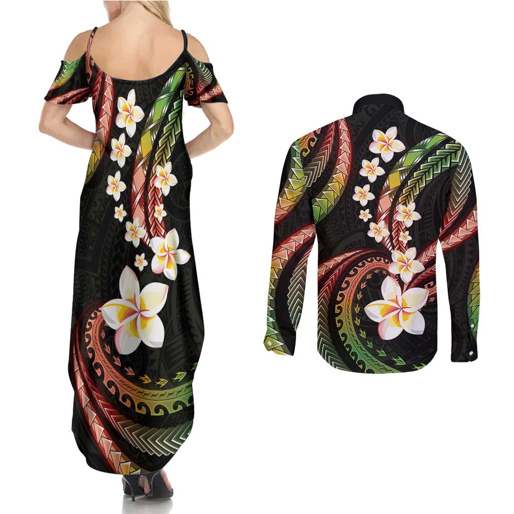 Hawaii Plumeria Reggae Couples Matching Summer Maxi Dress and Long Sleeve Button Shirt Polynesian Pattern LT01 - Polynesian Pride