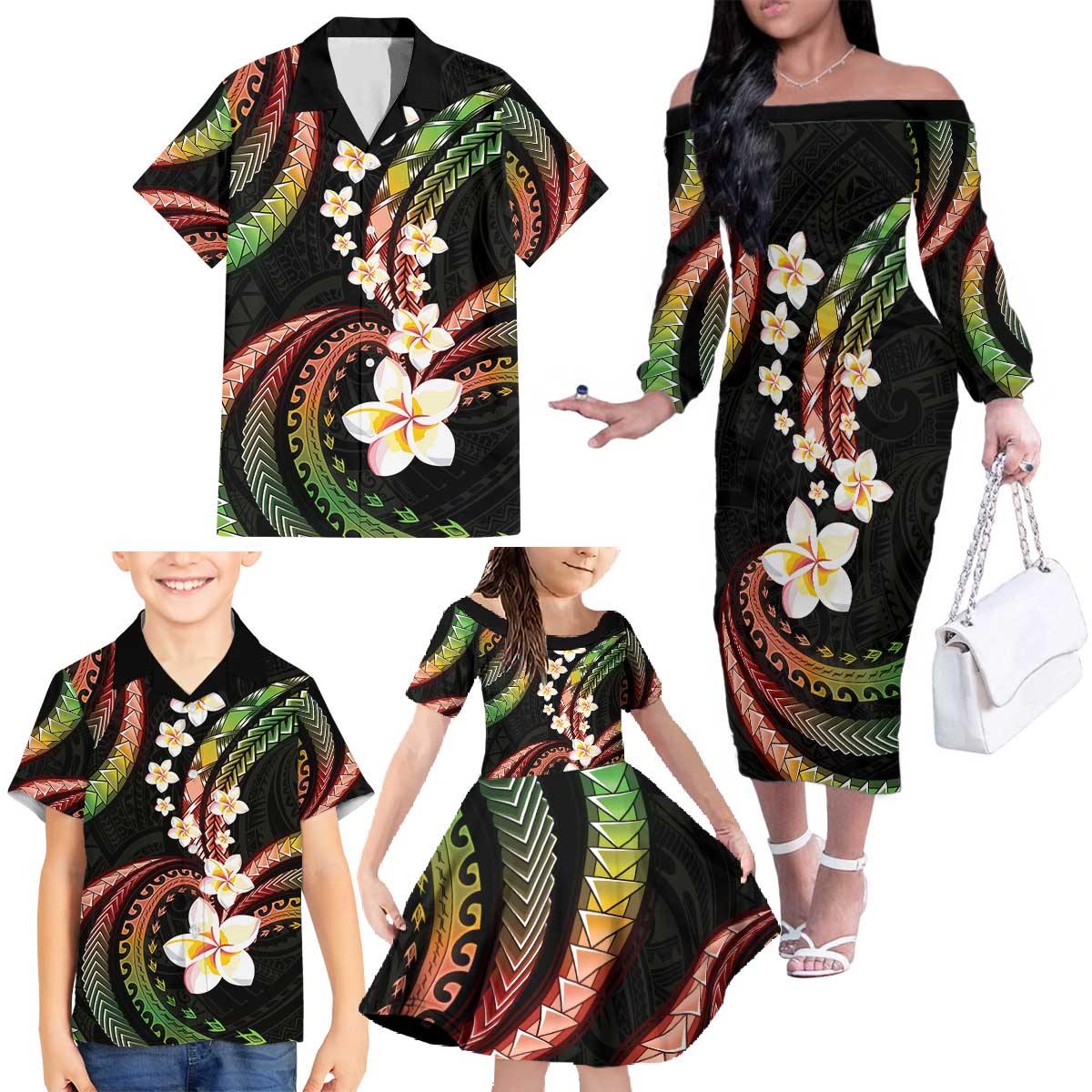 Hawaii Plumeria Reggae Family Matching Off The Shoulder Long Sleeve Dress and Hawaiian Shirt Polynesian Pattern