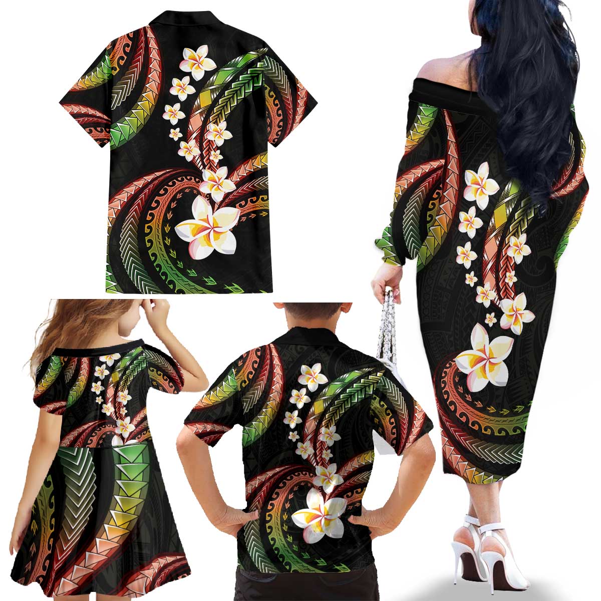 Hawaii Plumeria Reggae Family Matching Off The Shoulder Long Sleeve Dress and Hawaiian Shirt Polynesian Pattern