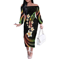 Hawaii Plumeria Reggae Family Matching Off The Shoulder Long Sleeve Dress and Hawaiian Shirt Polynesian Pattern