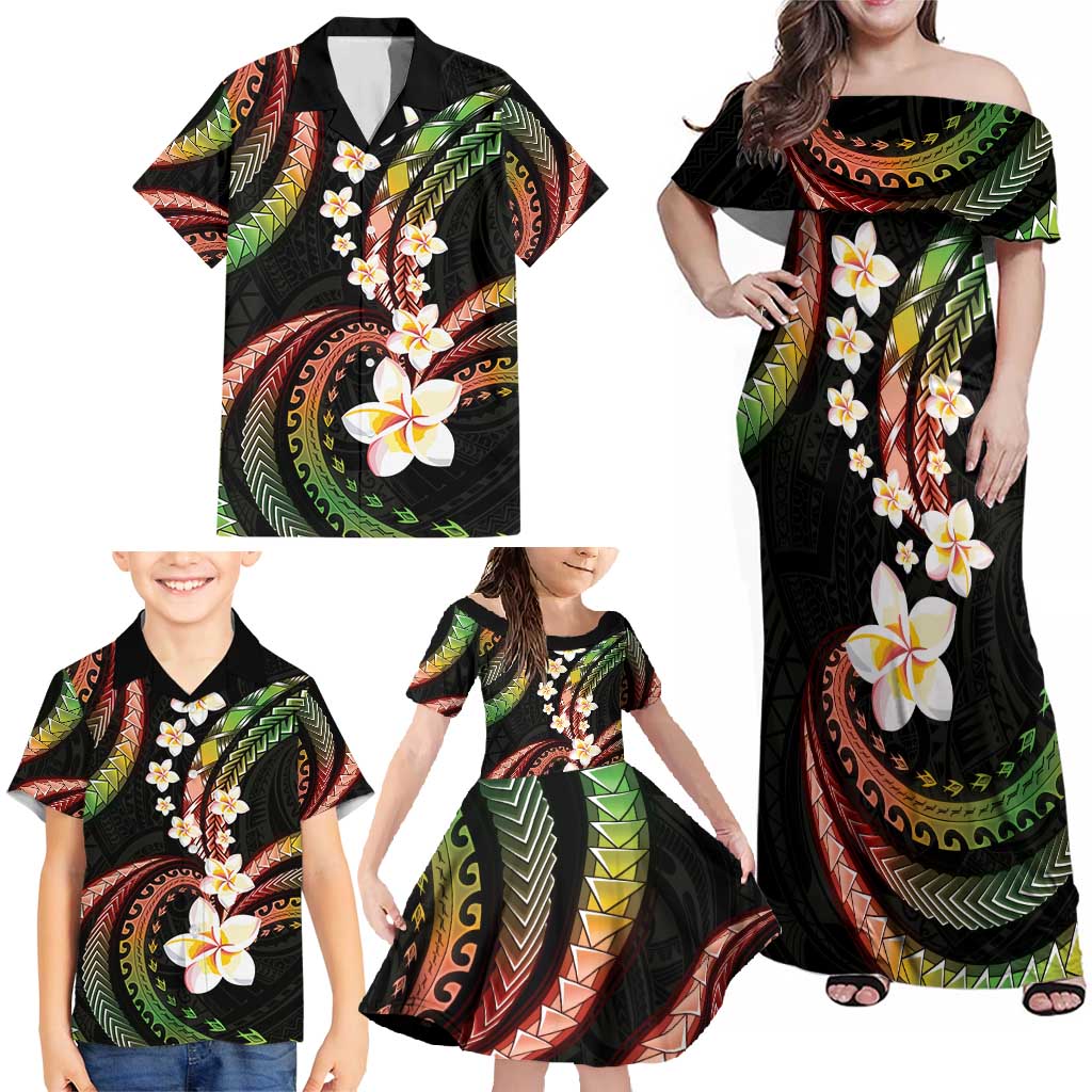 Hawaii Plumeria Reggae Family Matching Off Shoulder Maxi Dress and Hawaiian Shirt Polynesian Pattern