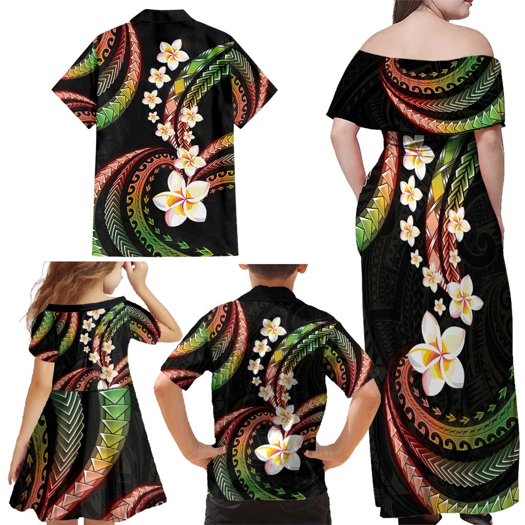 Hawaii Plumeria Reggae Family Matching Off Shoulder Maxi Dress and Hawaiian Shirt Polynesian Pattern