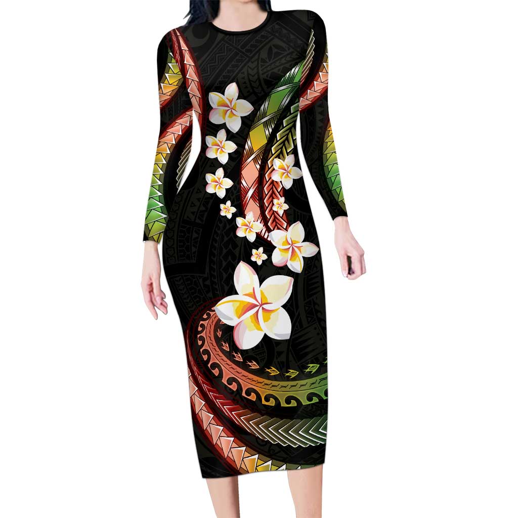 Hawaii Plumeria Reggae Long Sleeve Bodycon Dress Polynesian Pattern