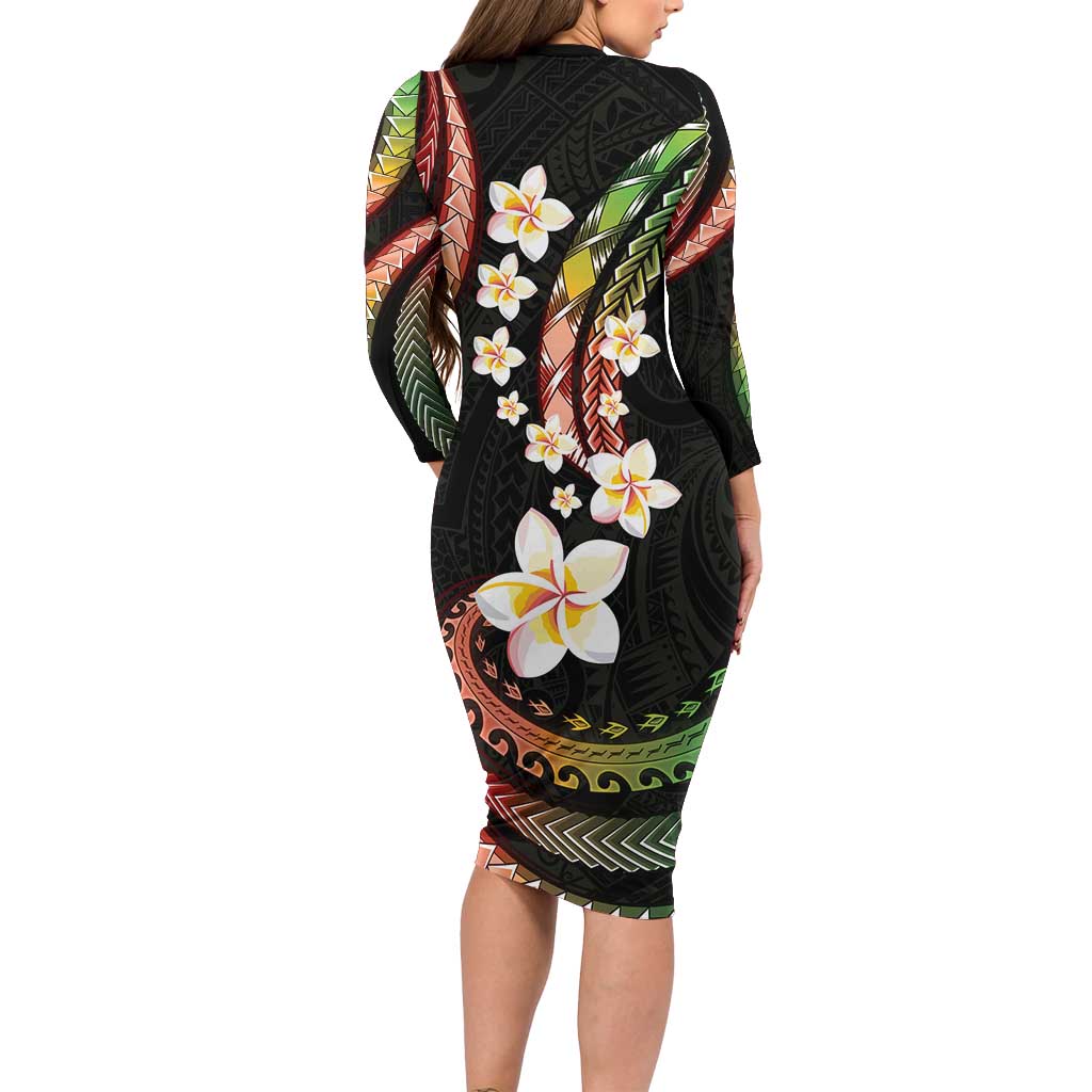 Hawaii Plumeria Reggae Long Sleeve Bodycon Dress Polynesian Pattern