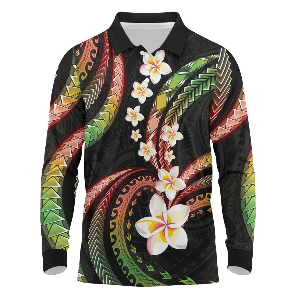 Hawaii Plumeria Reggae Long Sleeve Polo Shirt Polynesian Pattern