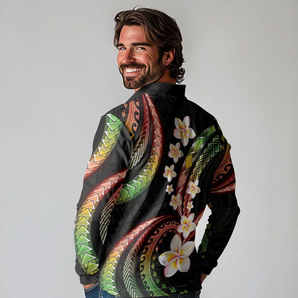 Hawaii Plumeria Reggae Long Sleeve Polo Shirt Polynesian Pattern