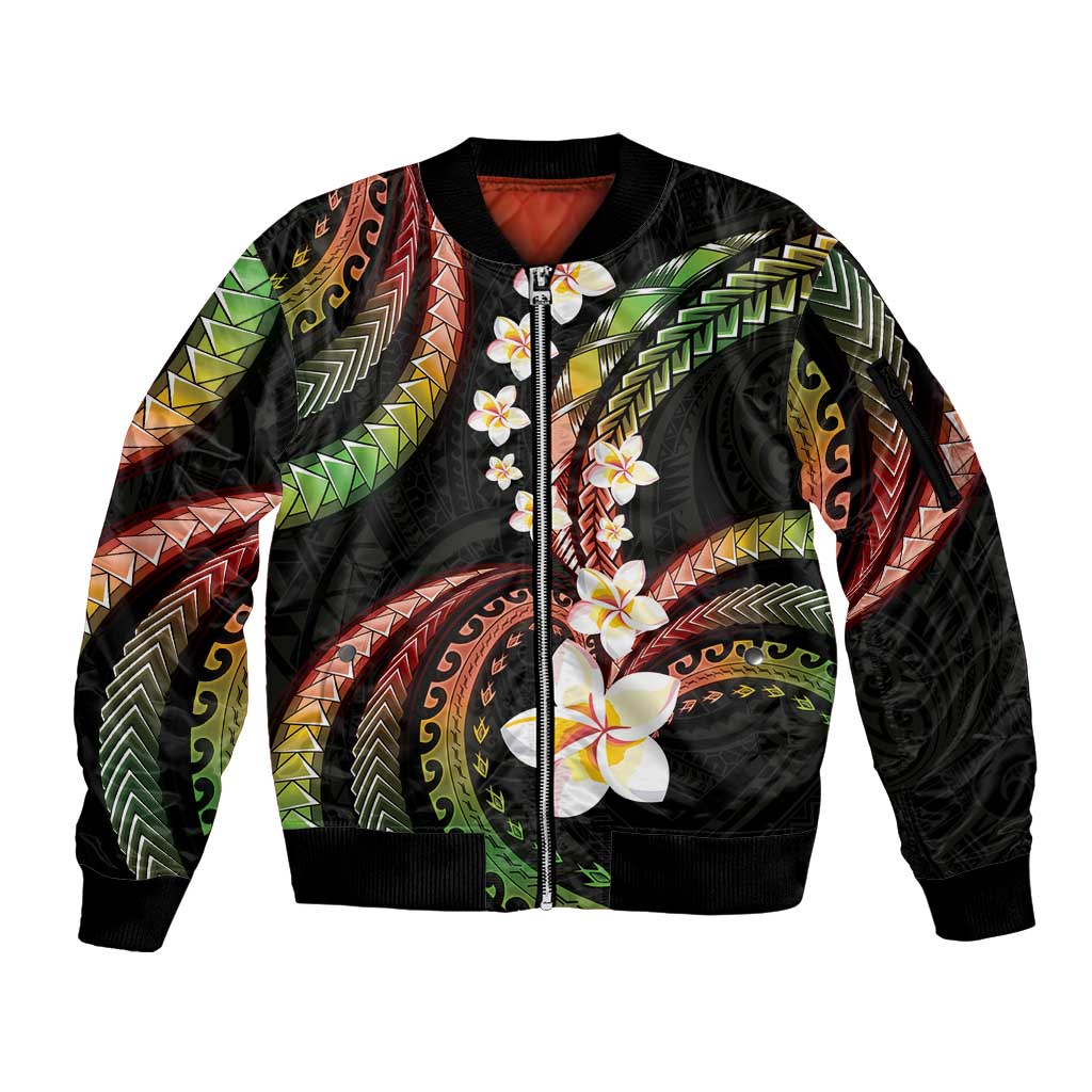Hawaii Plumeria Reggae Sleeve Zip Bomber Jacket Polynesian Pattern