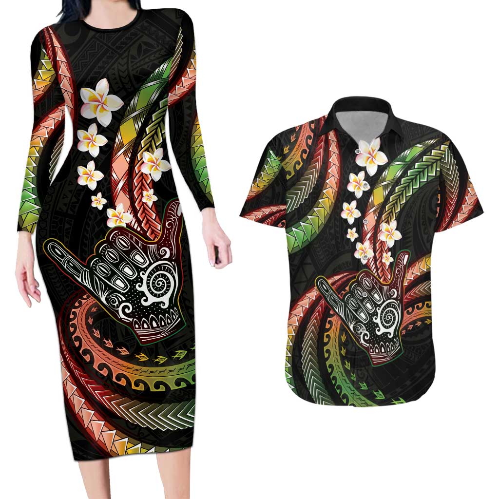 Hawaii Shaka Sign Couples Matching Long Sleeve Bodycon Dress and Hawaiian Shirt Fantastic Frangipani Reggae LT01 Reggae - Polynesian Pride
