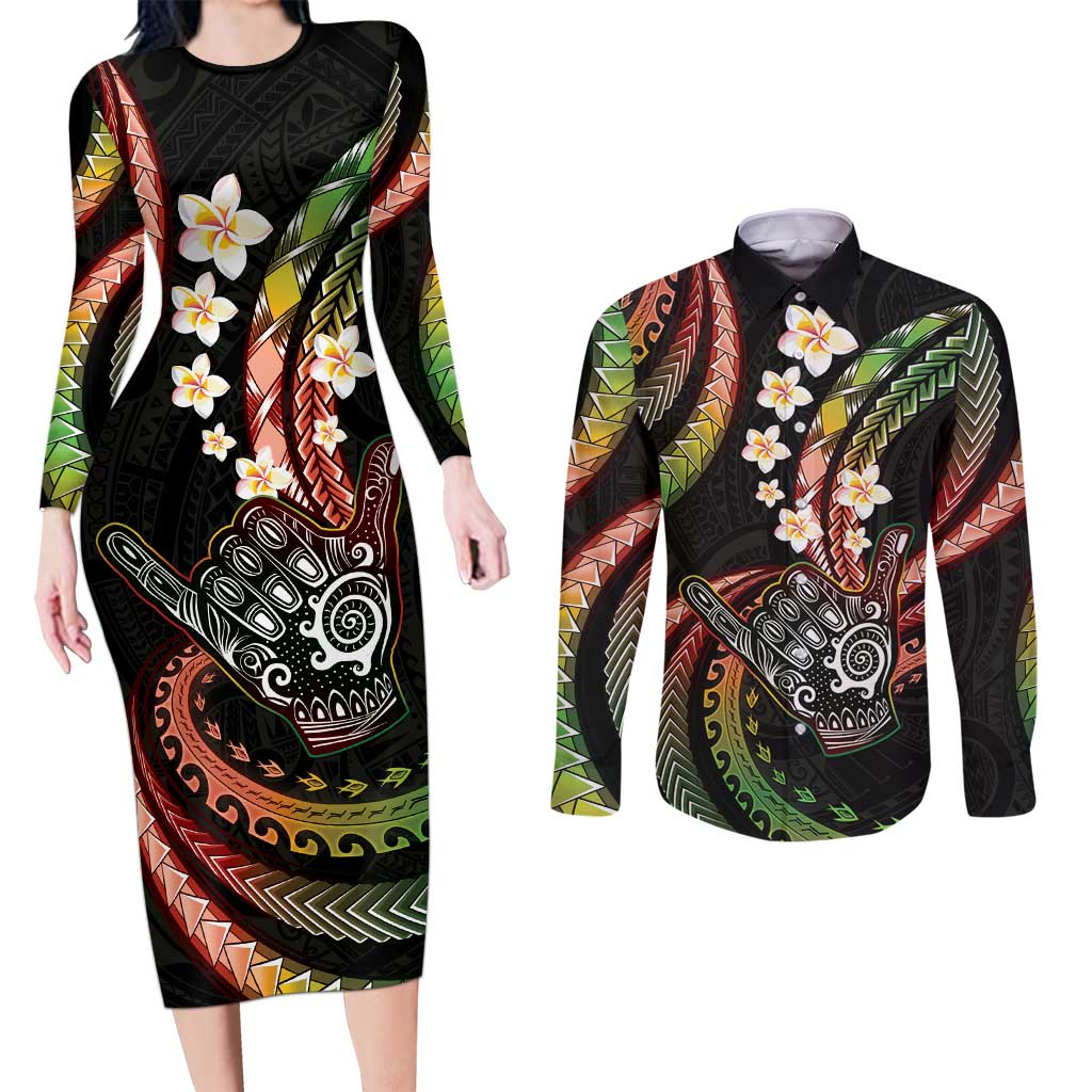 Hawaii Shaka Sign Couples Matching Long Sleeve Bodycon Dress and Long Sleeve Button Shirt Fantastic Frangipani Reggae LT01 Reggae - Polynesian Pride