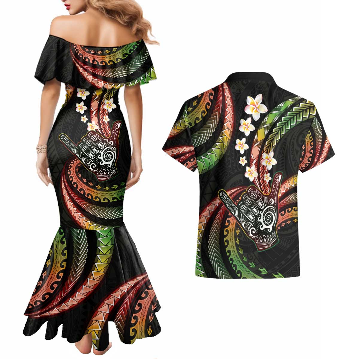 Hawaii Shaka Sign Couples Matching Mermaid Dress and Hawaiian Shirt Fantastic Frangipani Reggae