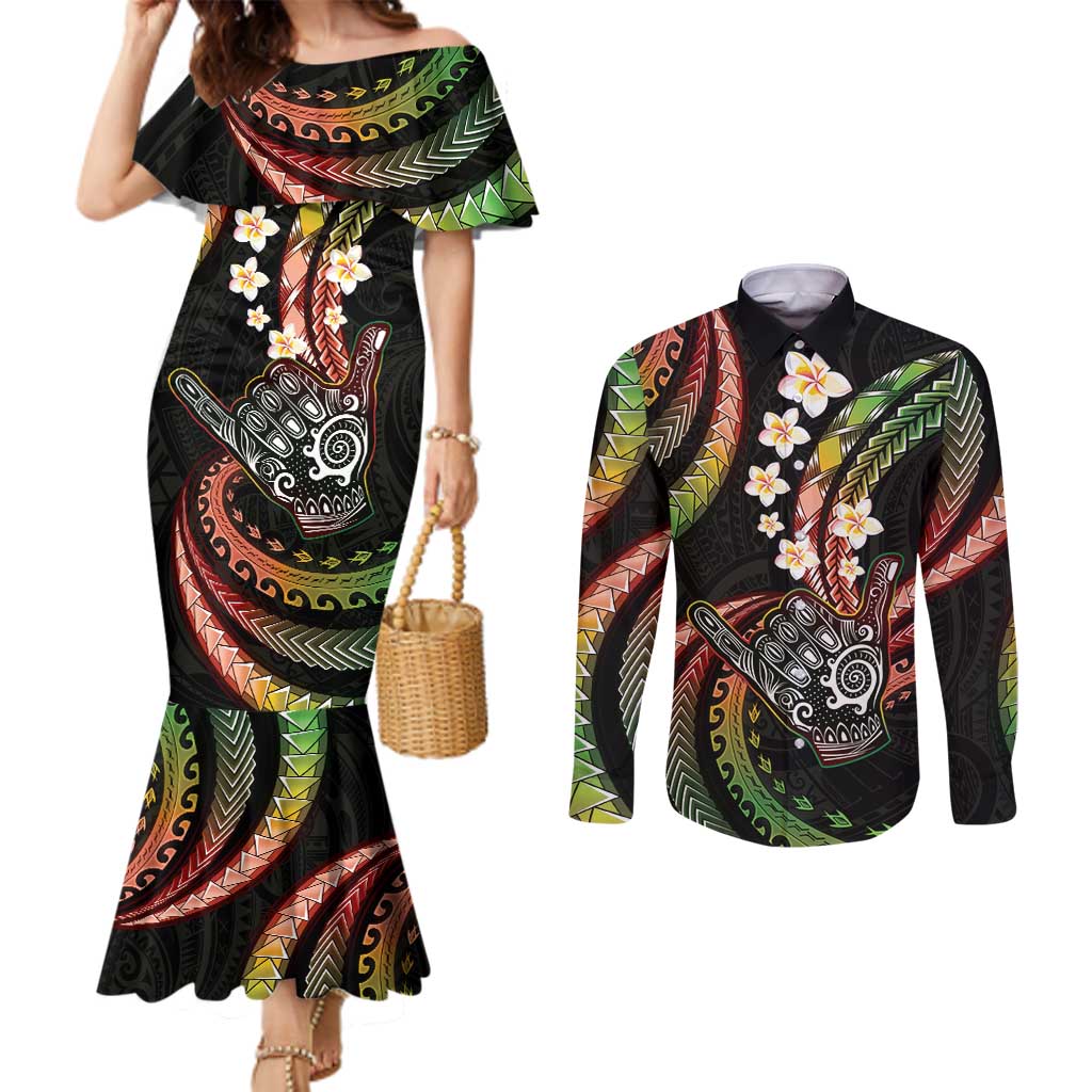 Hawaii Shaka Sign Couples Matching Mermaid Dress and Long Sleeve Button Shirt Fantastic Frangipani Reggae LT01 Reggae - Polynesian Pride